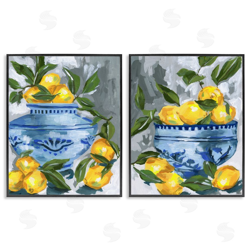 Melissa Wang Indigo & Lemon Citrus Fruits Blacked Framed Giclee Wall Art Print