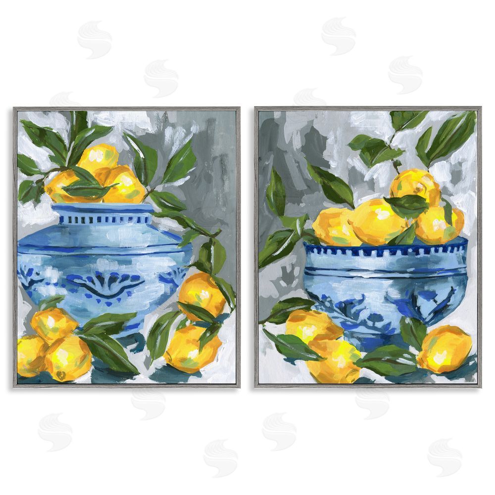 Melissa Wang Indigo & Lemon Citrus Fruits Gray Framed Giclee Wall Art Print