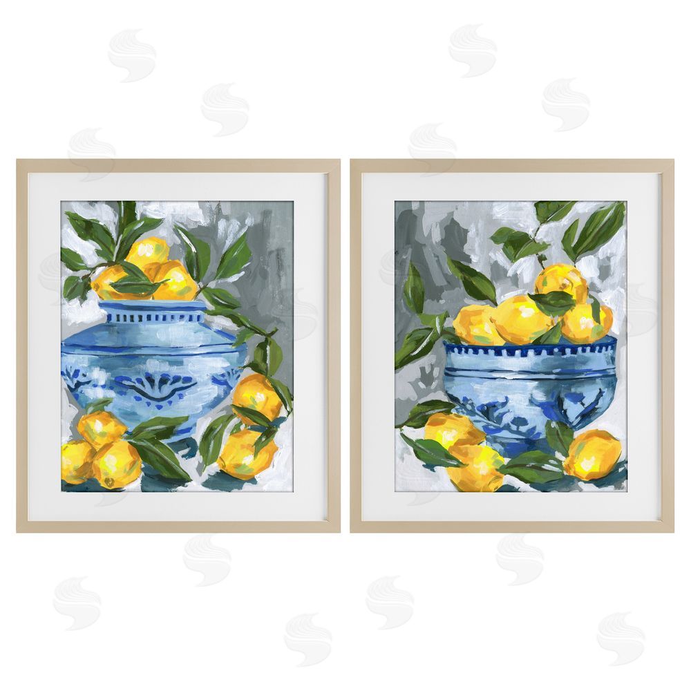 Melissa Wang Indigo & Lemon Citrus Fruits Brown Framed Print Under Glass with Mat Wall Art