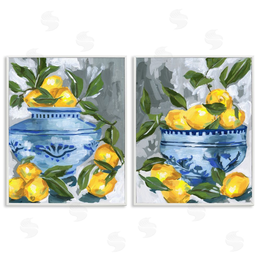 Melissa Wang Indigo & Lemon Citrus Fruits White Framed Giclee Wall Art Print