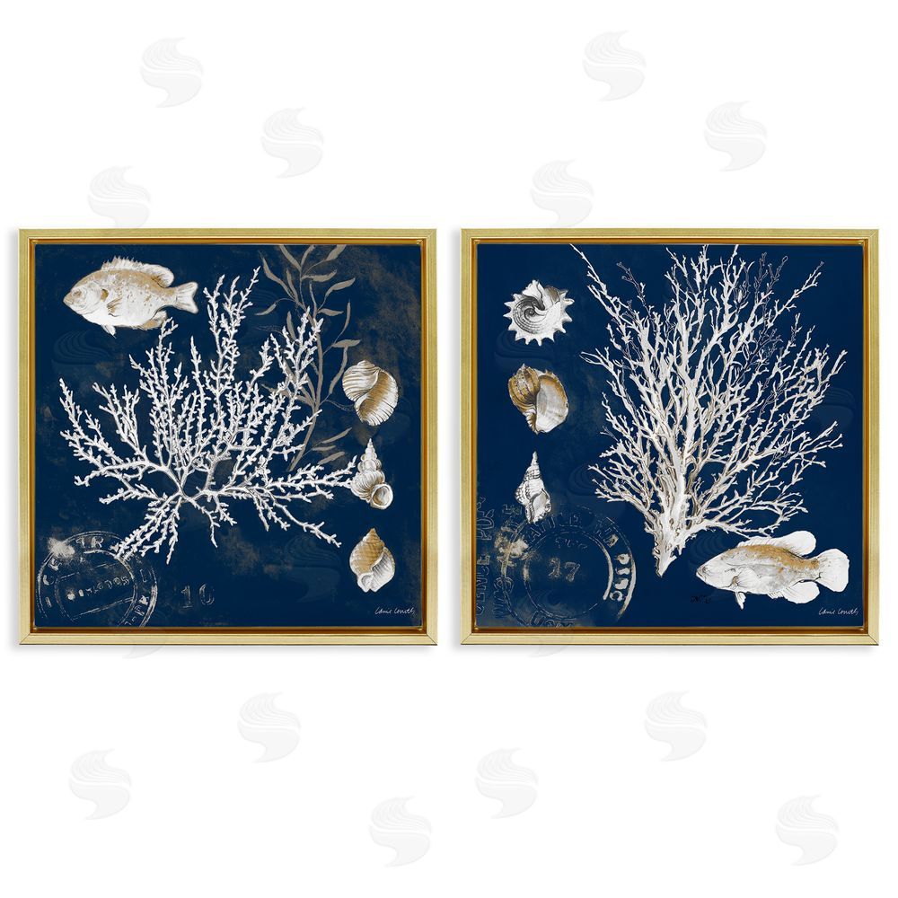 Sundance Graphics Navy Coral Medley Gold Floating Frame Canvas Wall Art Print
