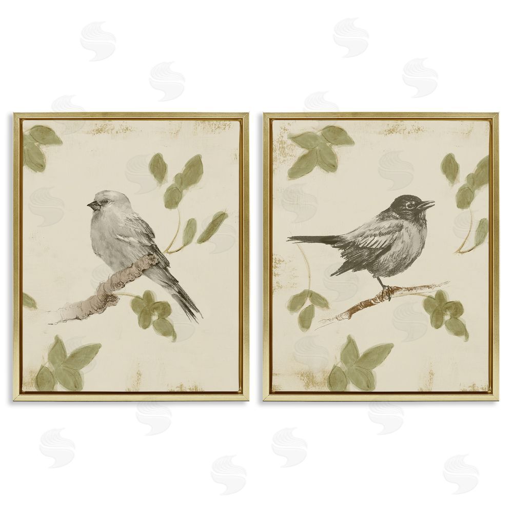 Sundance Graphics Neutral Bird Scene Gold Floating Frame Canvas Wall Art Print