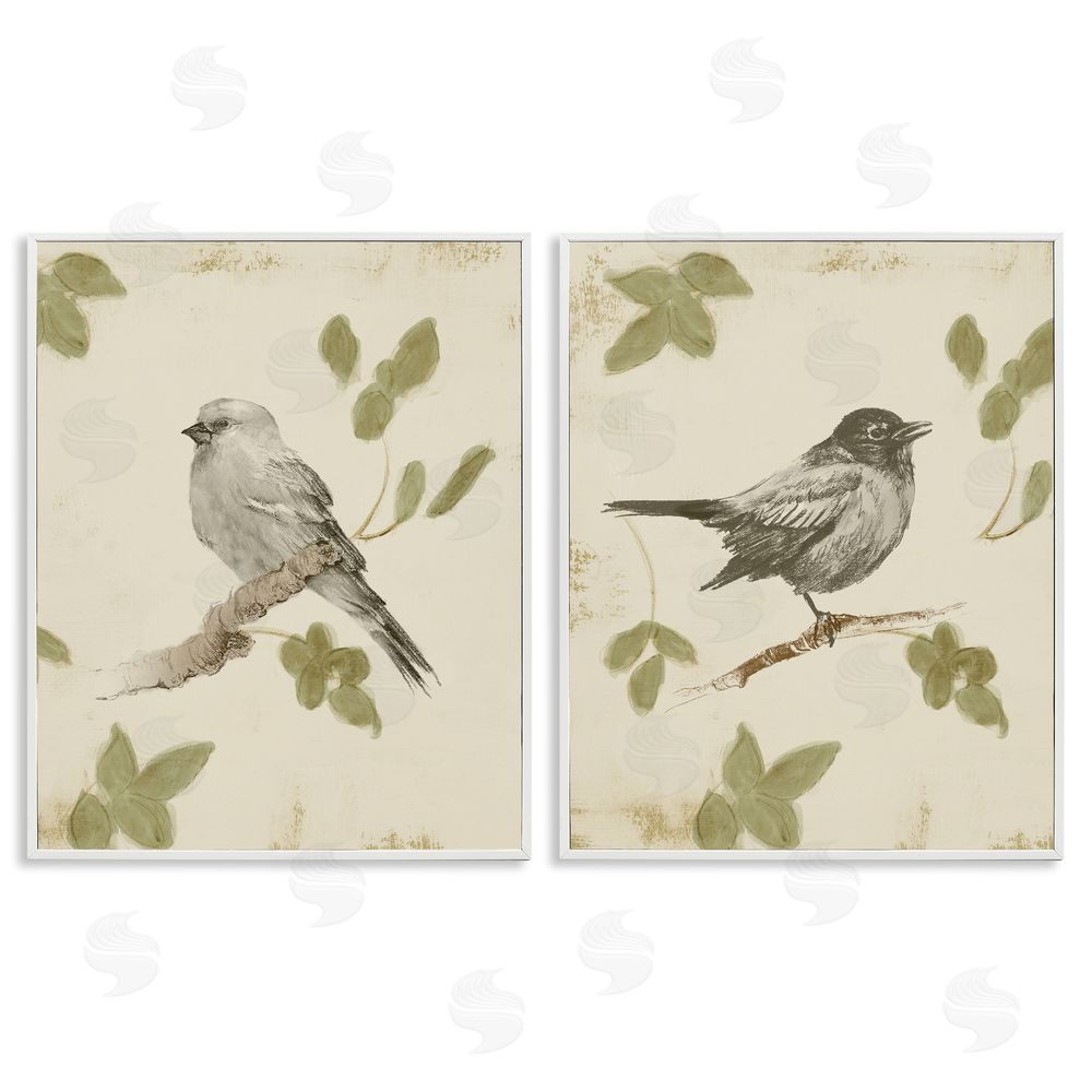 Sundance Graphics Neutral Bird Scene White Framed Giclee Wall Art Print
