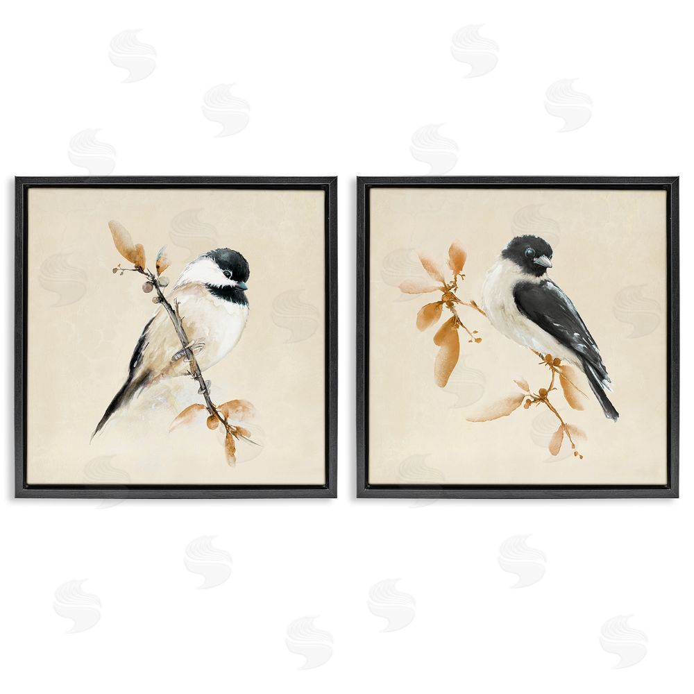 Sundance Graphics Muted Chickadees on Beige Black Floating Frame Canvas Wall Art Print