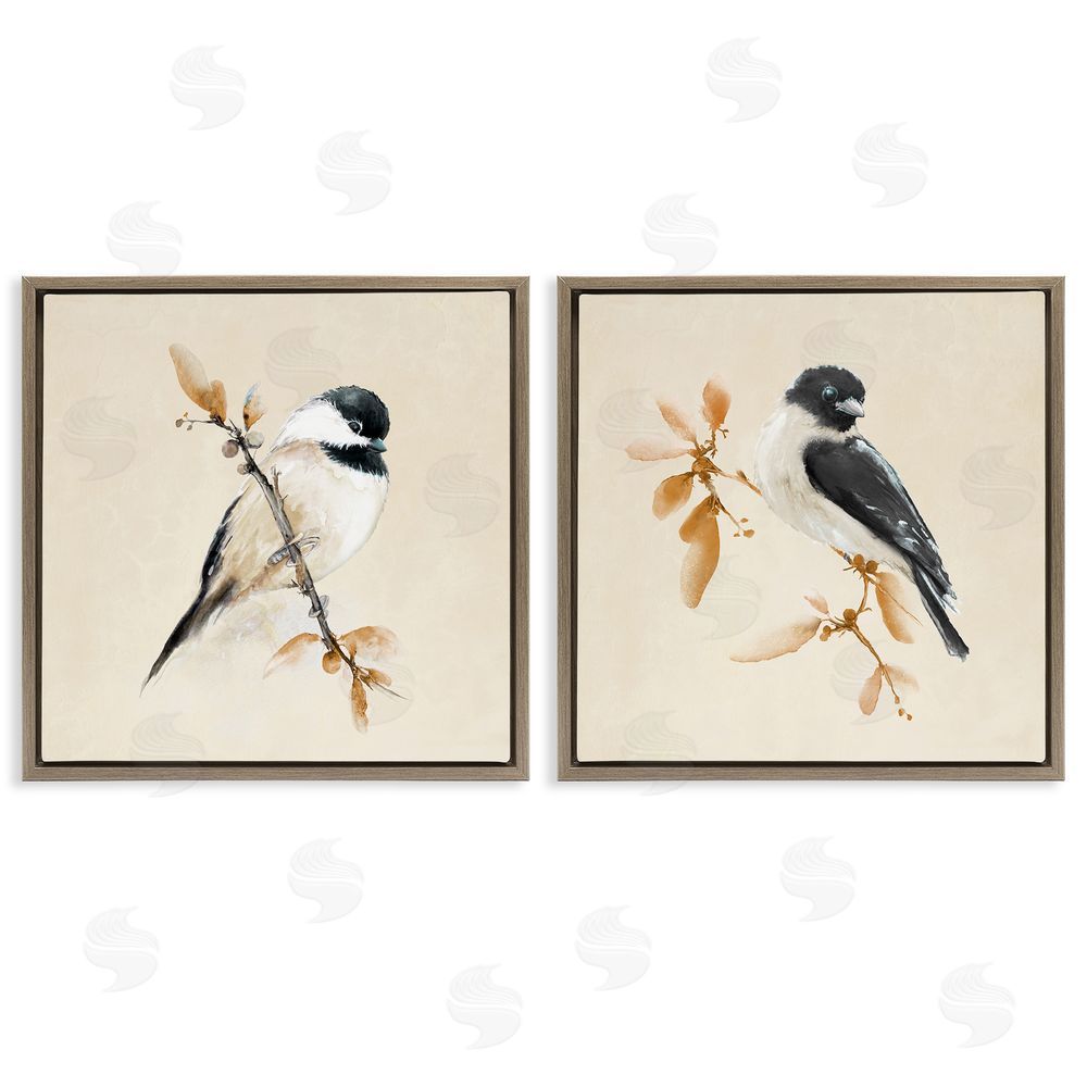 Sundance Graphics Muted Chickadees on Beige Brown Floating Frame Canvas Wall Art Print