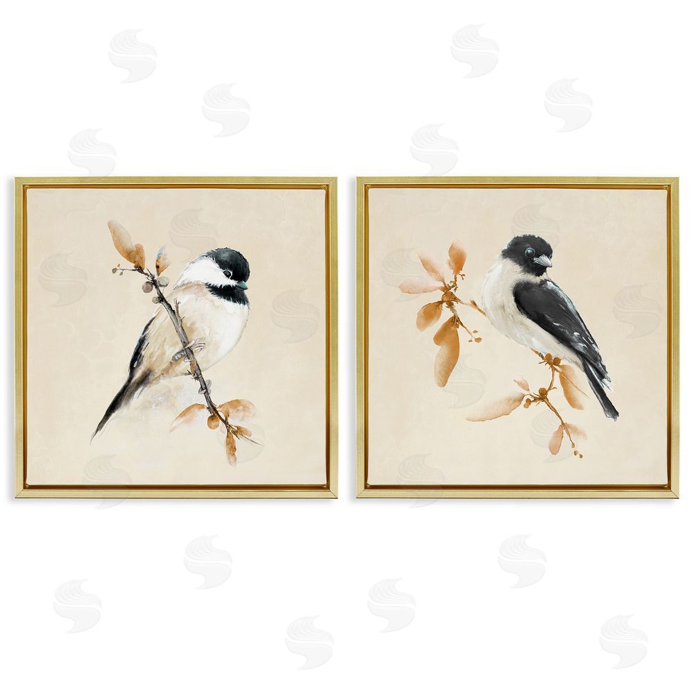 Sundance Graphics Muted Chickadees on Beige Gold Floating Frame Canvas Wall Art Print