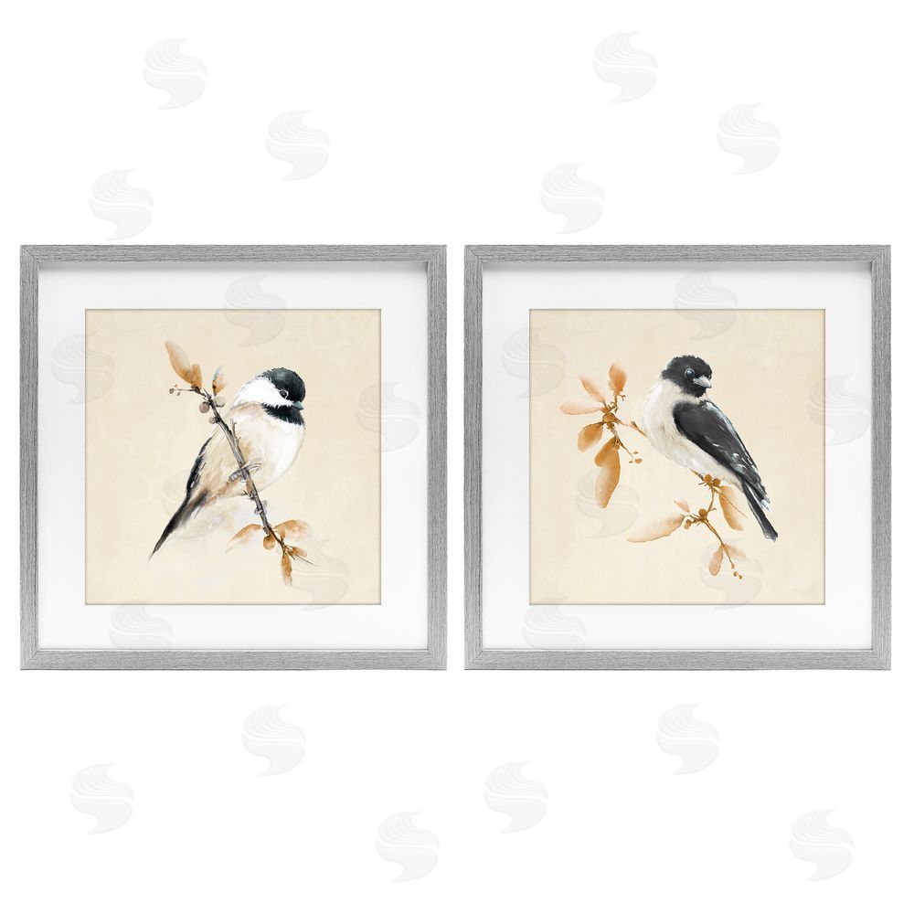 Sundance Graphics Muted Chickadees on Beige Gray Framed Print Under Glass Wall Art