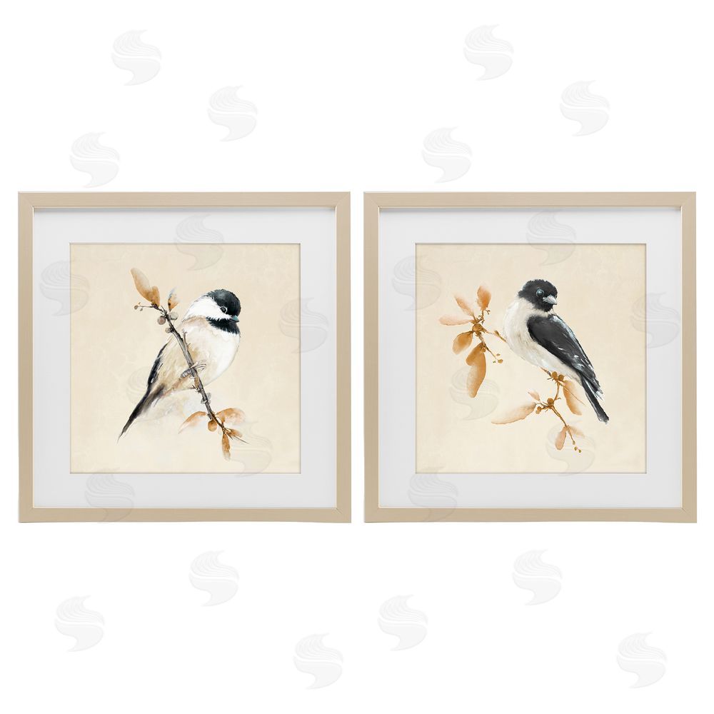 Sundance Graphics Muted Chickadees on Beige Birch Framed Print Under Glass Wall Art