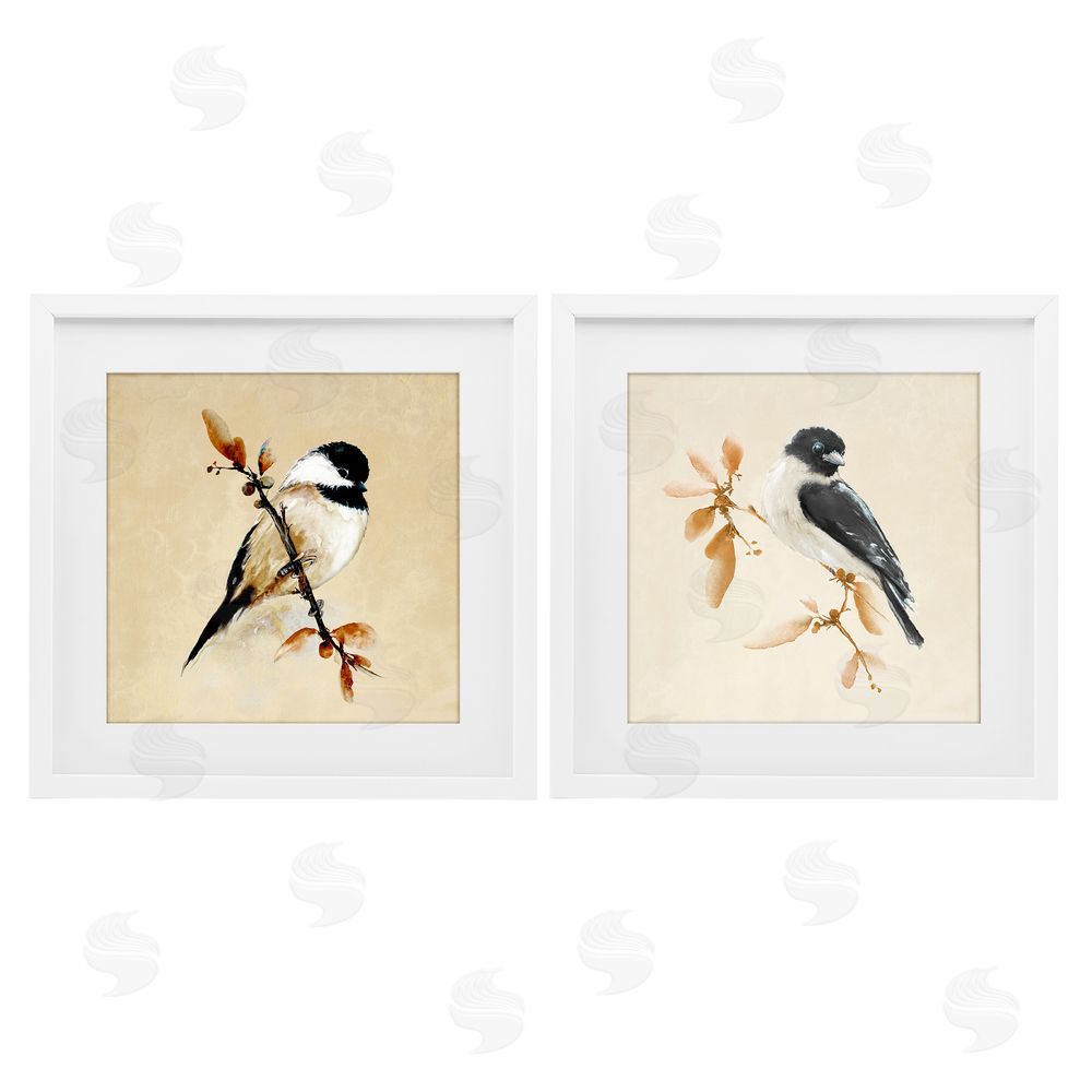 Sundance Graphics Muted Chickadees on Beige White Framed Print Under Glass Wall Art