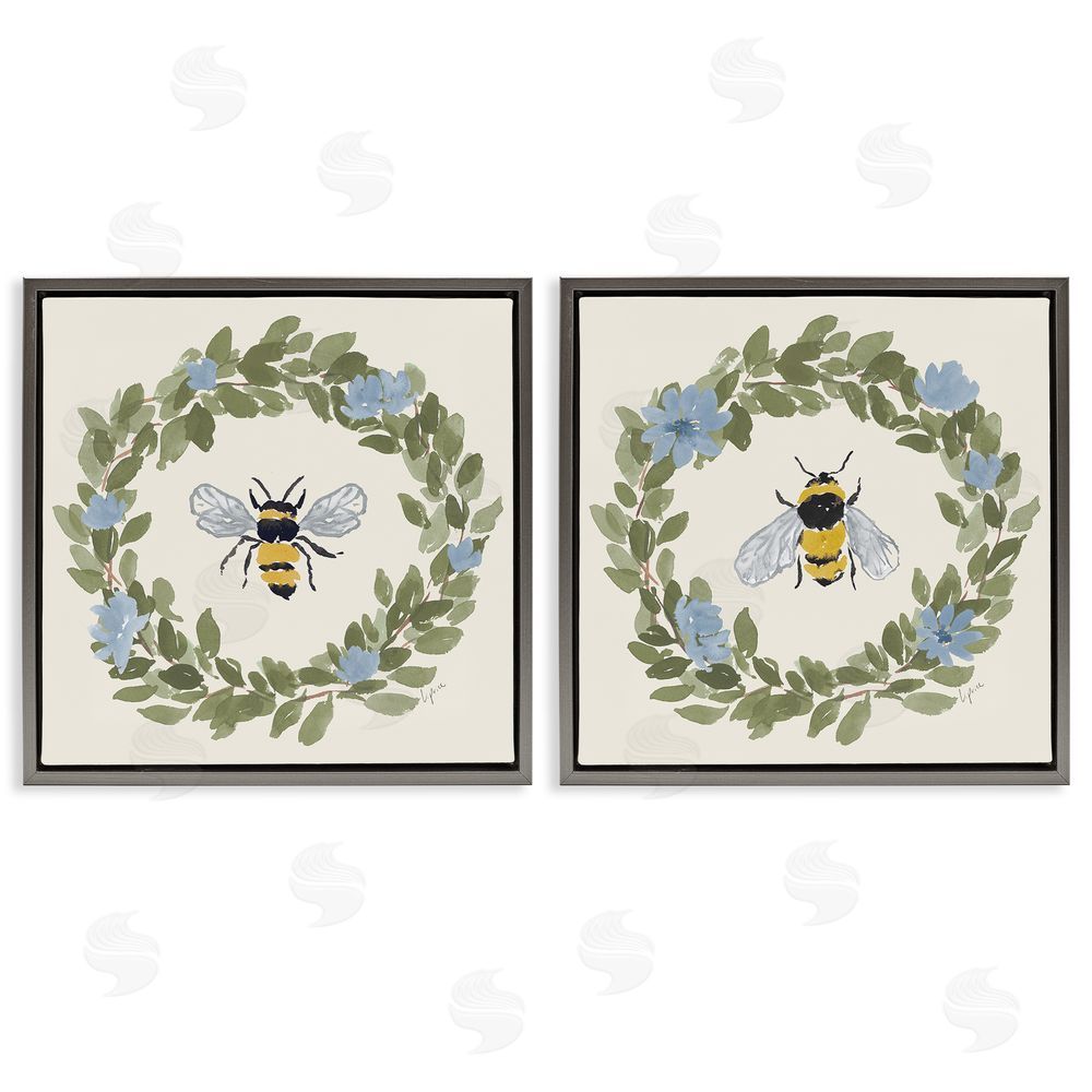 Lucille Price Bee Floral Celebrations Gray Floating Frame Stretched Canvas Wall Art Print