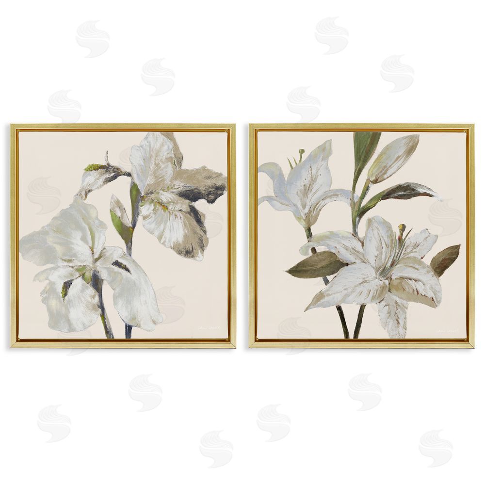 Sundance Graphics Irises and Lilies Soft Beige Gold Floating Frame Canvas Wall Art Print
