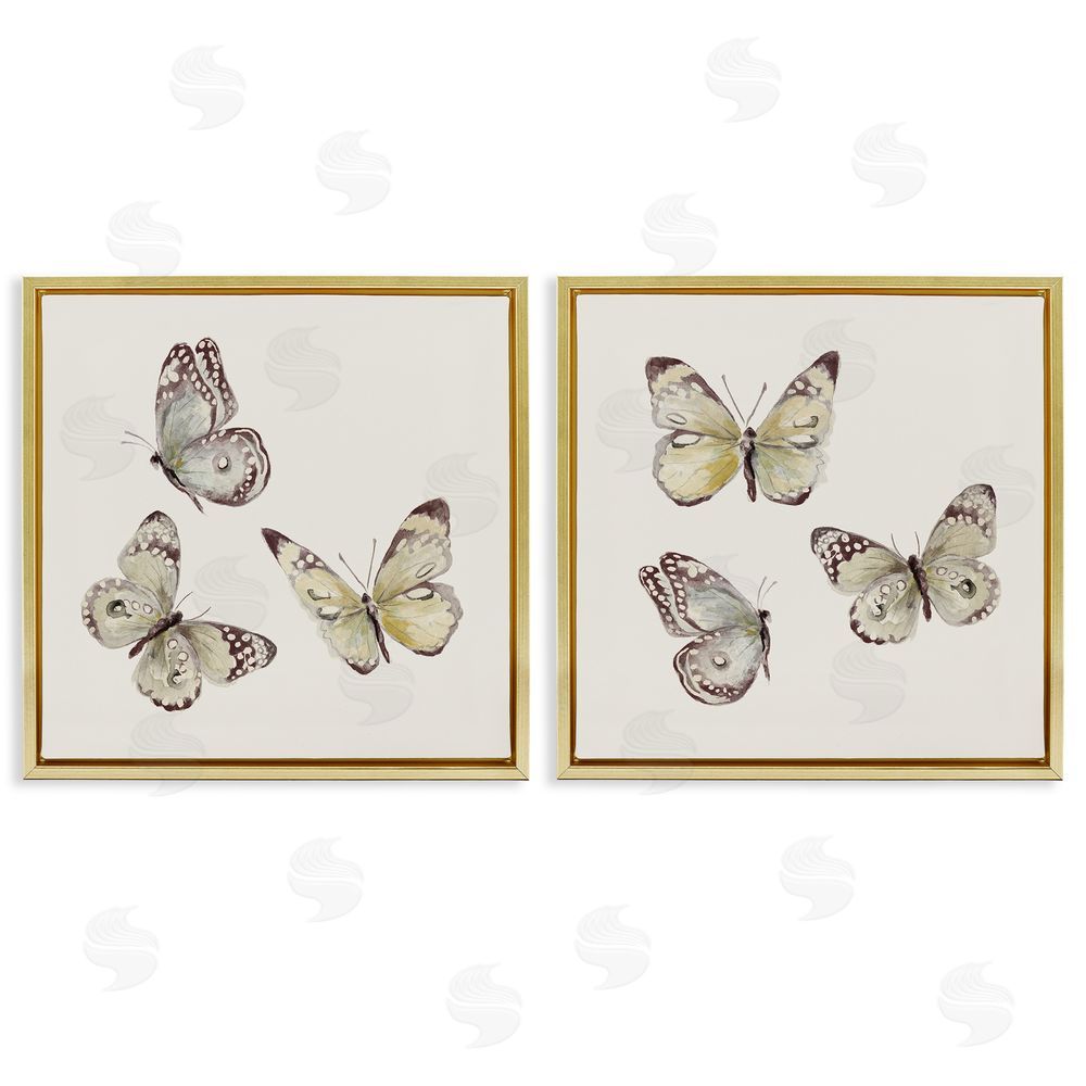 Sundance Graphics Flight of Butterflies on Beige Gold Floating Frame Canvas Wall Art Print