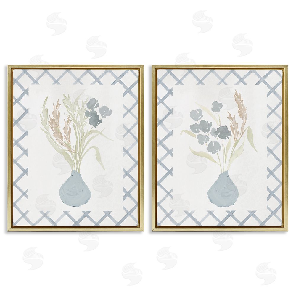 Sundance Graphics Subtle Blue Anna Bouquets Gold Floating Frame Canvas Wall Art Print