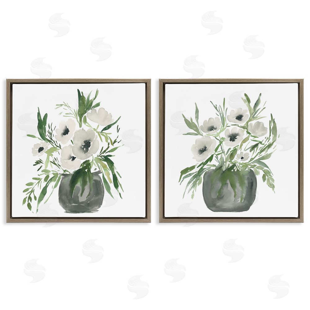 Sundance Graphics White Anemone Vases Brown Floating Frame Canvas Wall Art Print