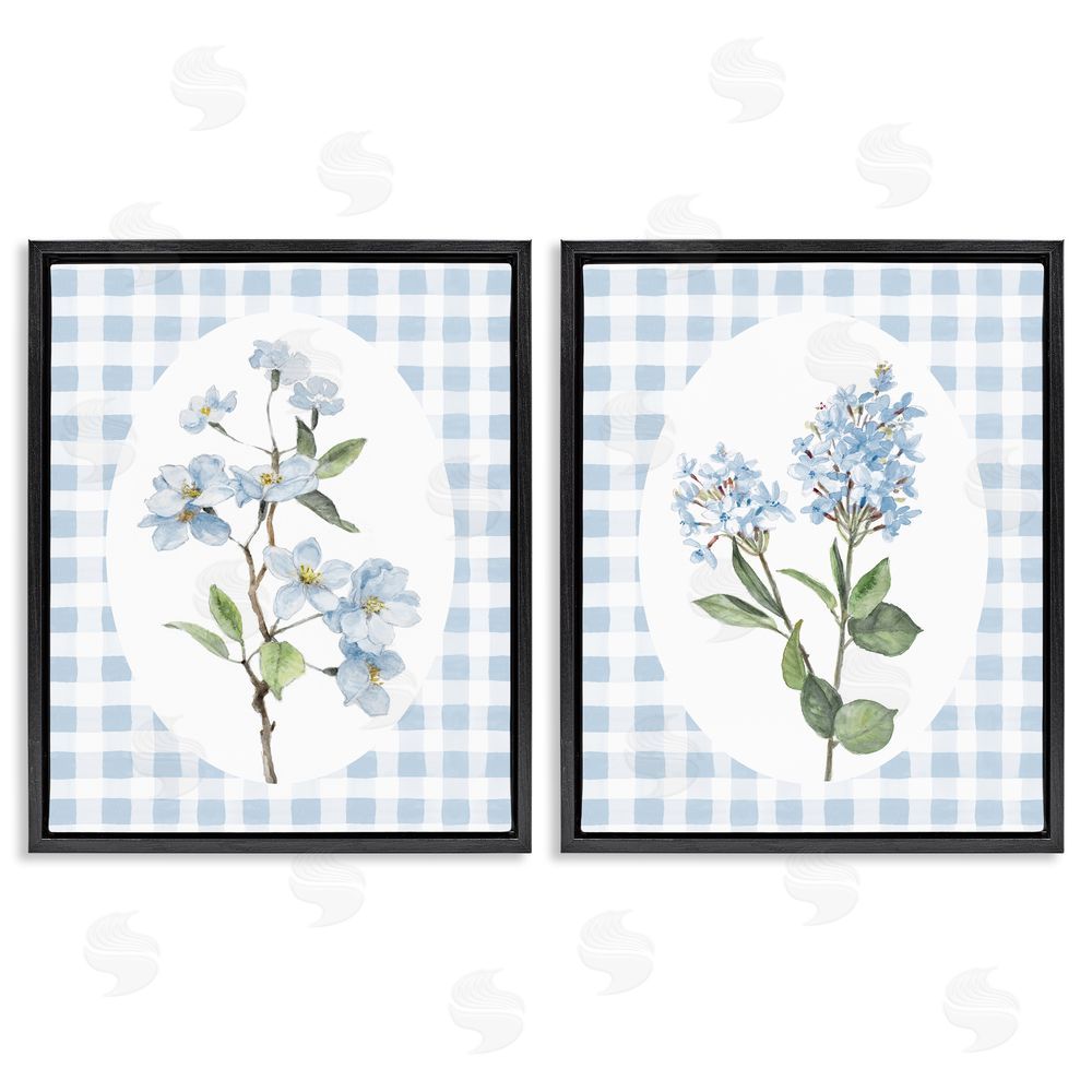 Sundance Graphics Blooms on Blue Checkered Black Floating Frame Canvas Wall Art Print