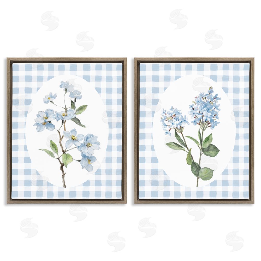 Sundance Graphics Blooms on Blue Checkered Brown Floating Frame Canvas Wall Art Print