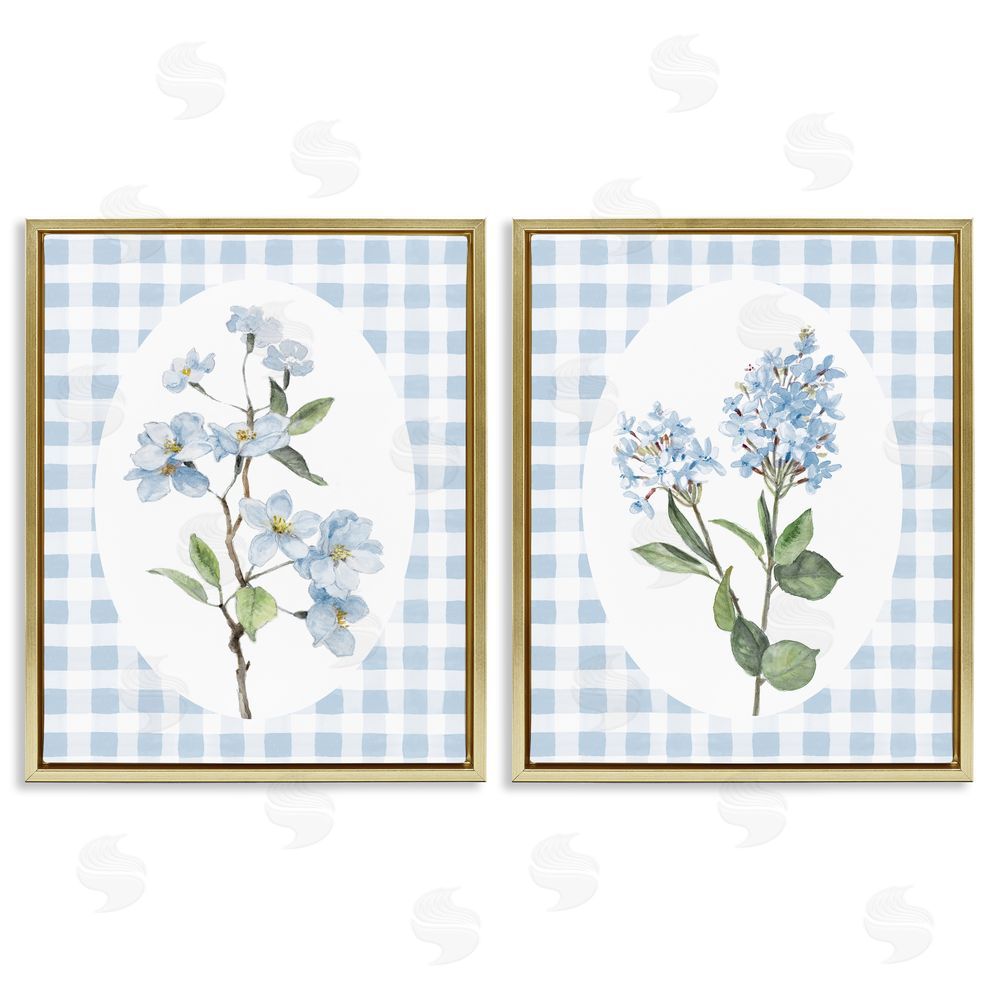 Sundance Graphics Blooms on Blue Checkered Gold Floating Frame Canvas Wall Art Print
