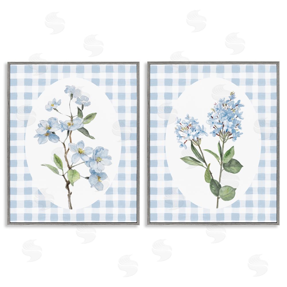 Sundance Graphics Blooms on Blue Checkered Gray Framed Giclee Wall Art Print