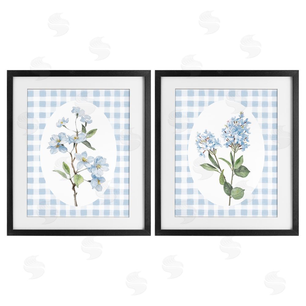 Sundance Graphics Blooms on Blue Checkered Black Framed Print Under Glass Wall Art