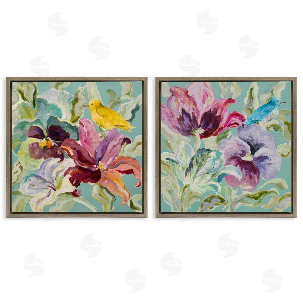 Sundance Graphics Lyrical Garden Canaries Brown Floating Frame Canvas Wall Art Print