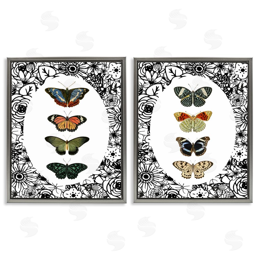 Sundance Graphics Floral Butterflies Lineup Gray Floating Frame Canvas Wall Art Print