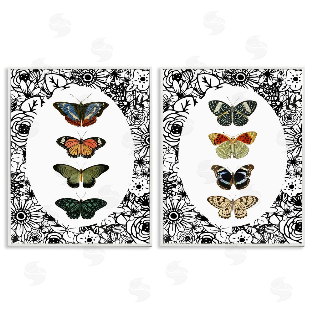 Sundance Graphics Floral Butterflies Lineup White Framed Giclee Wall Art Print