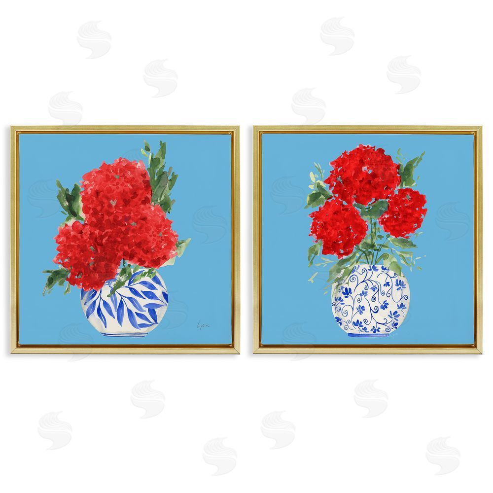 Sundance Graphics Bright Red & Blue Hydrangeas Gold Floating Frame Canvas Wall Art Print