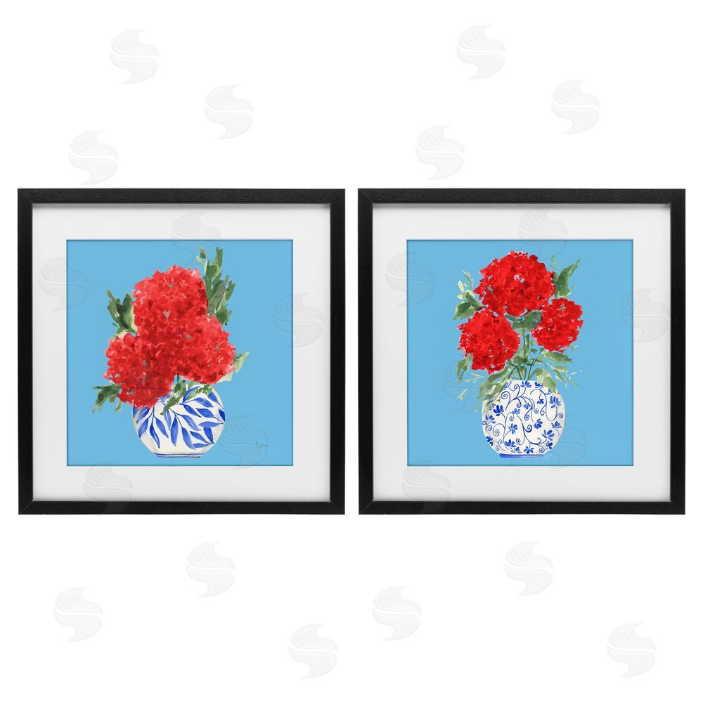 Sundance Graphics Bright Red & Blue Hydrangeas Black Framed Print Under Glass Wall Art