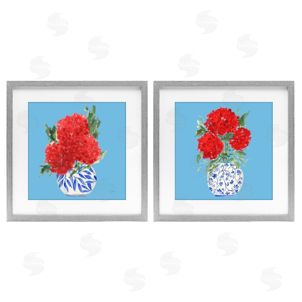 Sundance Graphics Bright Red & Blue Hydrangeas Gray Framed Print Under Glass Wall Art