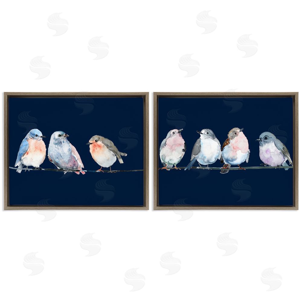 Lorenzo Collective Perched Navy Toned Birds Brown Floating Frame Canvas Wall Art Print