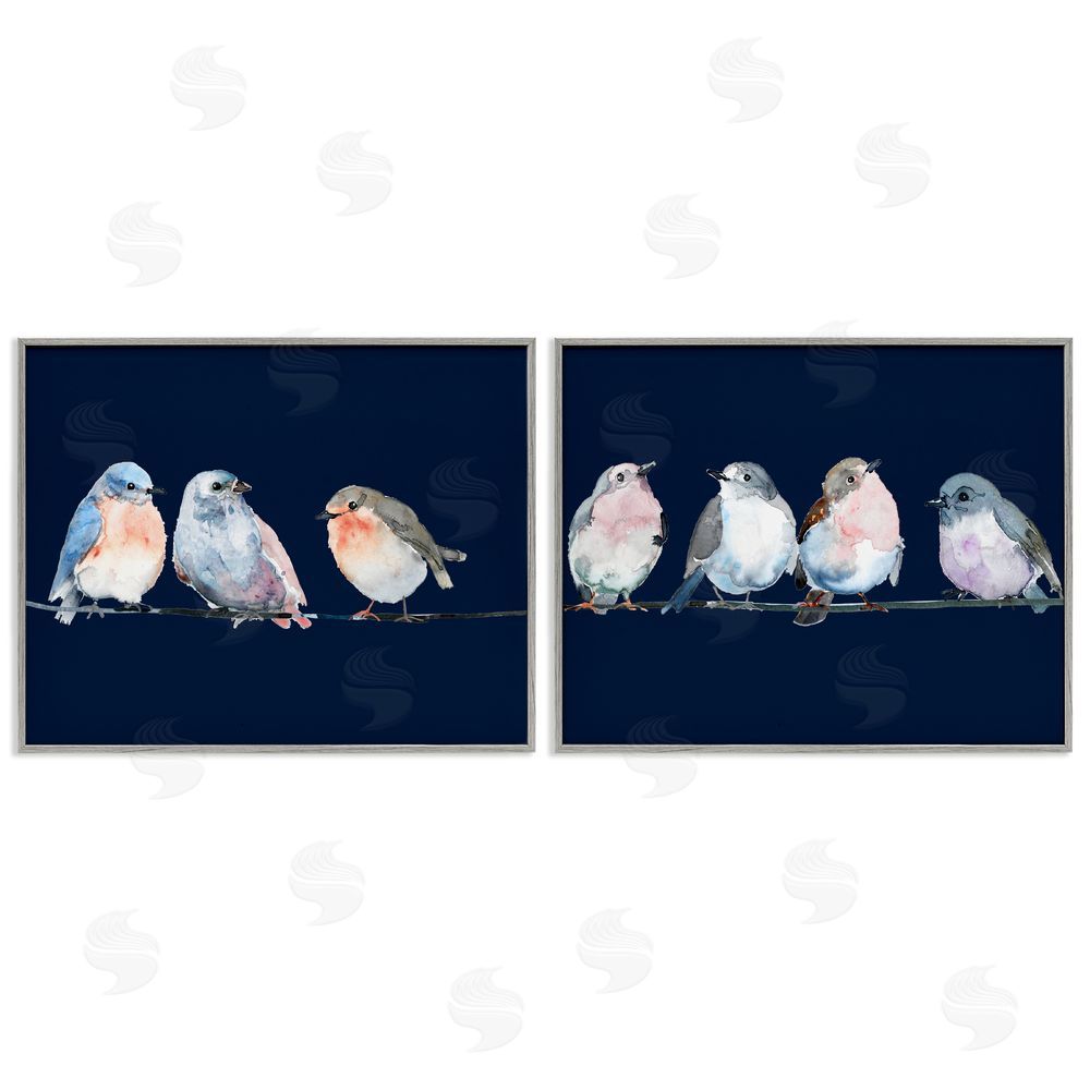 Lorenzo Collective Perched Navy Toned Birds Gray Framed Giclee Wall Art Print