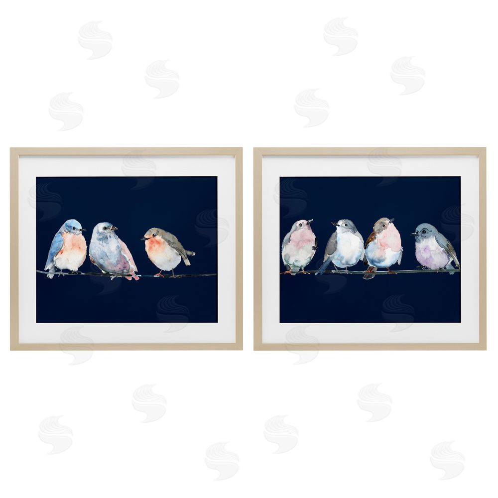 Lorenzo Collective Perched Navy Toned Birds Brown Framed Print Under Glass Wall Art