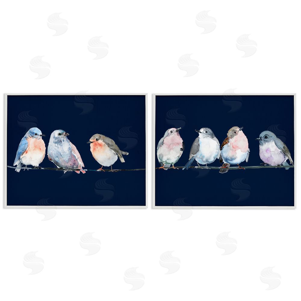 Lorenzo Collective Perched Navy Toned Birds White Framed Giclee Wall Art Print