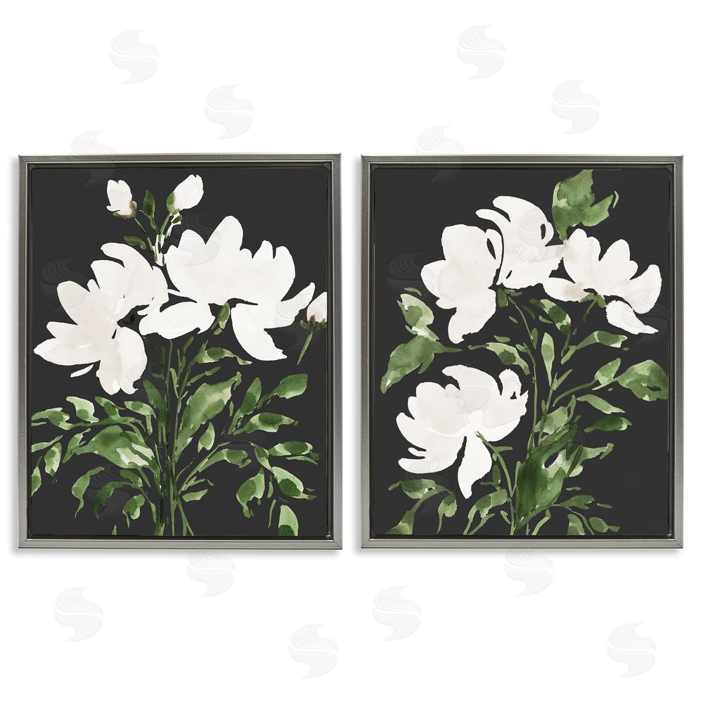 Lucille Price White On Black Blooms Gray Floating Frame Canvas Wall Art Print