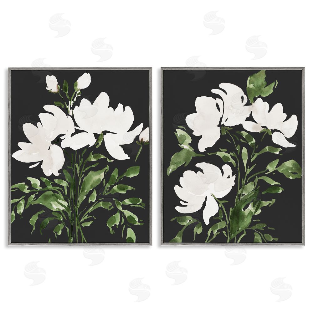 Lucille Price White On Black Blooms Gray Framed Giclee Wall Art Print