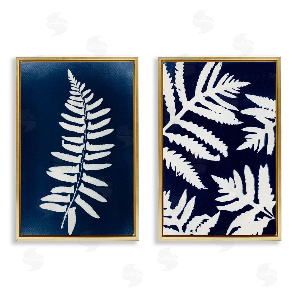 Lynn Byrd Fern Leaves on Indigo Gold Floating Frame Canvas Wall Art