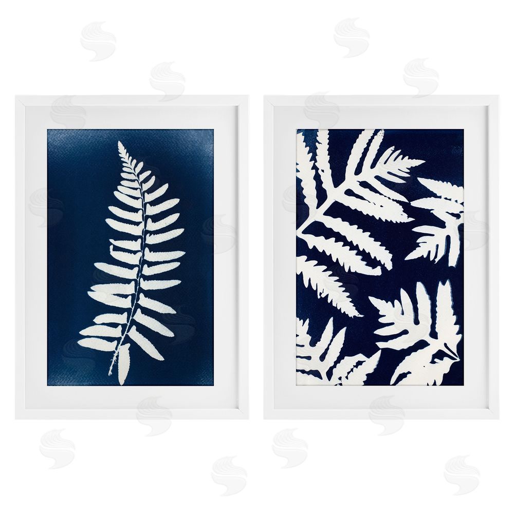 Lynn Byrd Fern Leaves on Indigo White Framed Print Under Glass with Mat Wall Art
