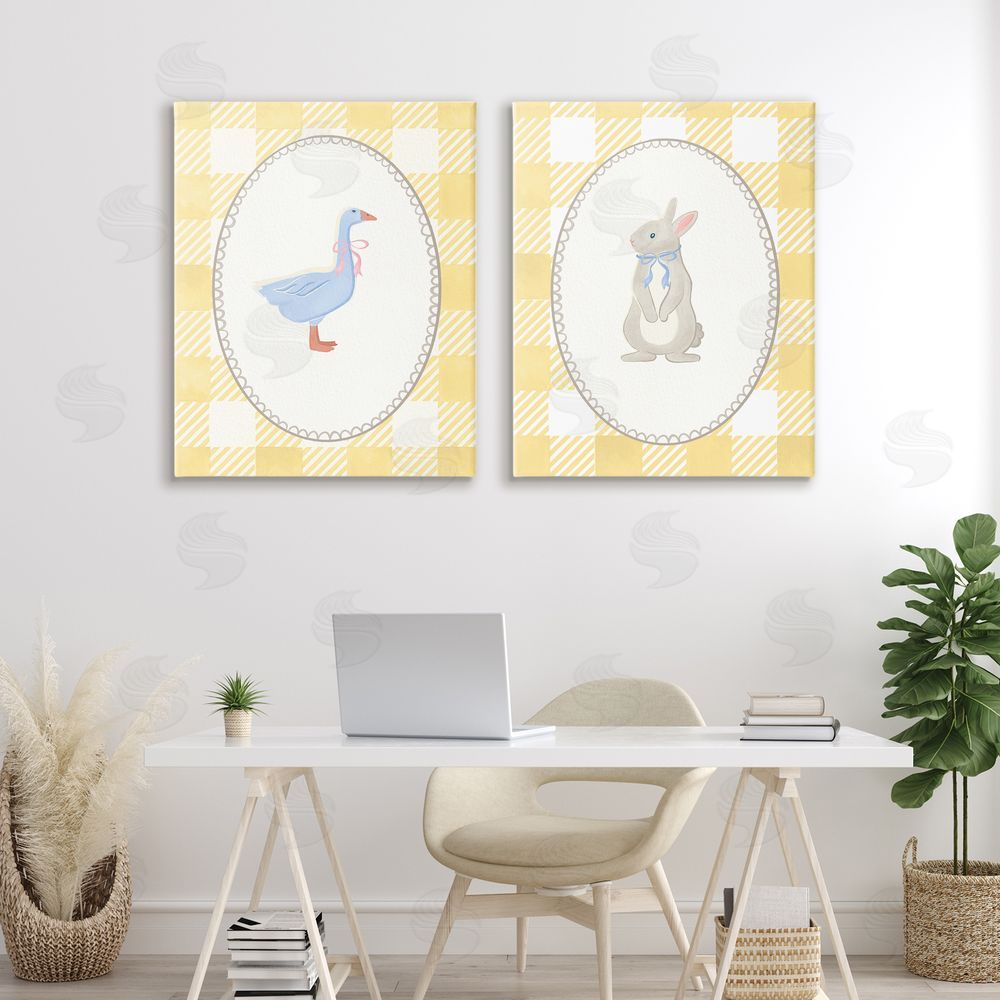 The Paper Curator Goose & Bunny Yellow Gingham Stretched Canvas Wall Art in Room