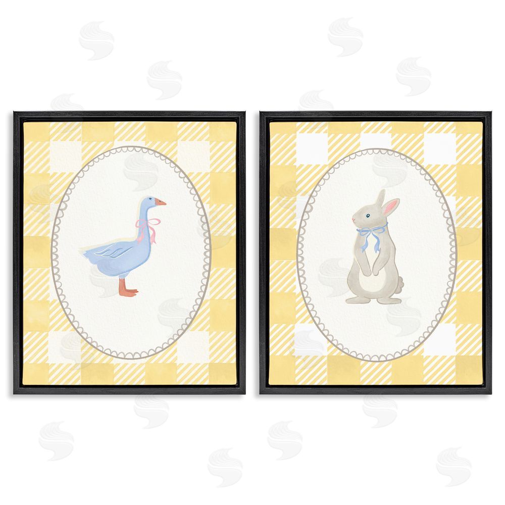 The Paper Curator Goose & Bunny Yellow Gingham Black Floating Frame Canvas Wall Art