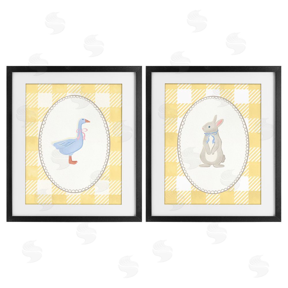 The Paper Curator Goose & Bunny Yellow Gingham Black Framed Print Under Glass with Mat Wall Art