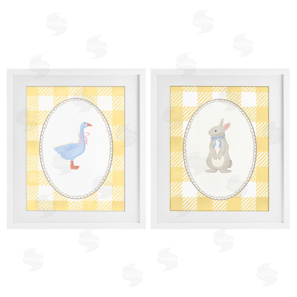 The Paper Curator Goose & Bunny Yellow Gingham White Framed Print Under Glass with Mat Wall Art