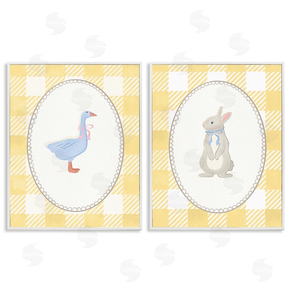 The Paper Curator Goose & Bunny Yellow Gingham White Framed Giclee Wall Art Print
