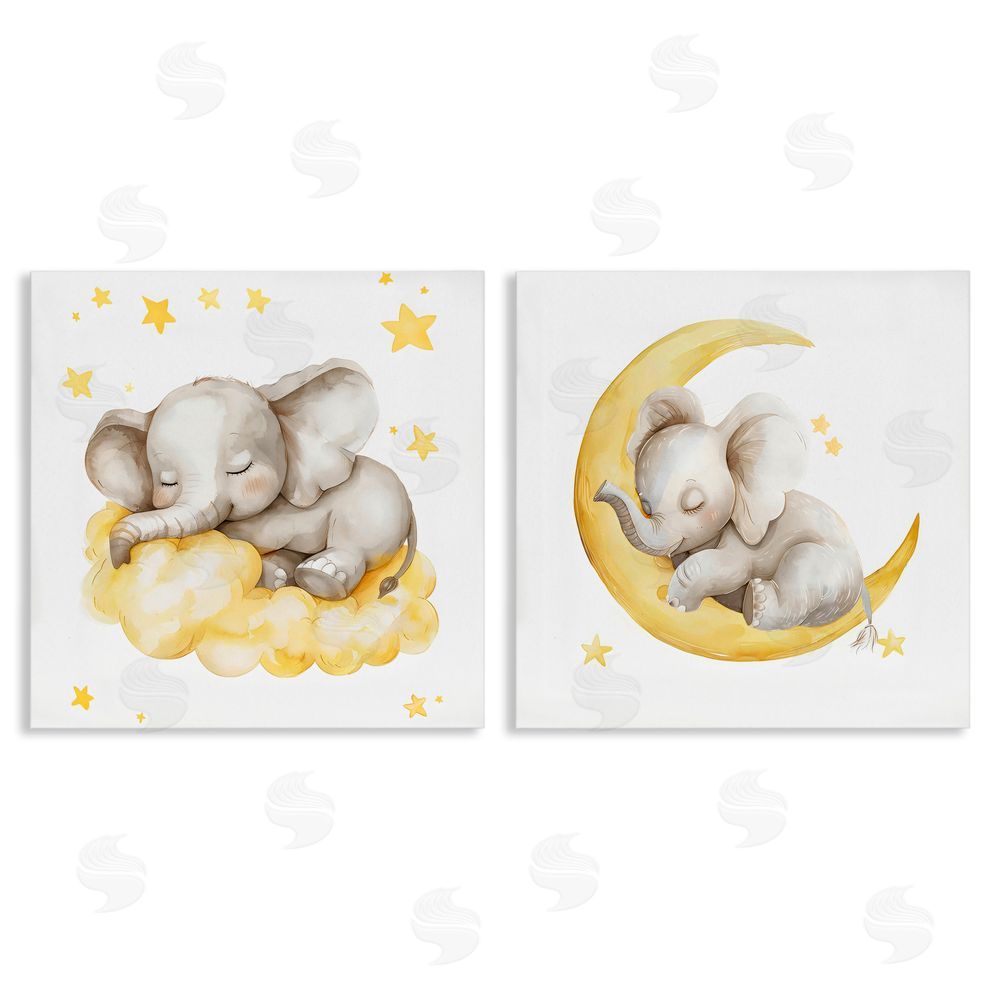 LSR Design Studio Sleeping Elephant Moon and Clouds Stretched Canvas Wall Art Print