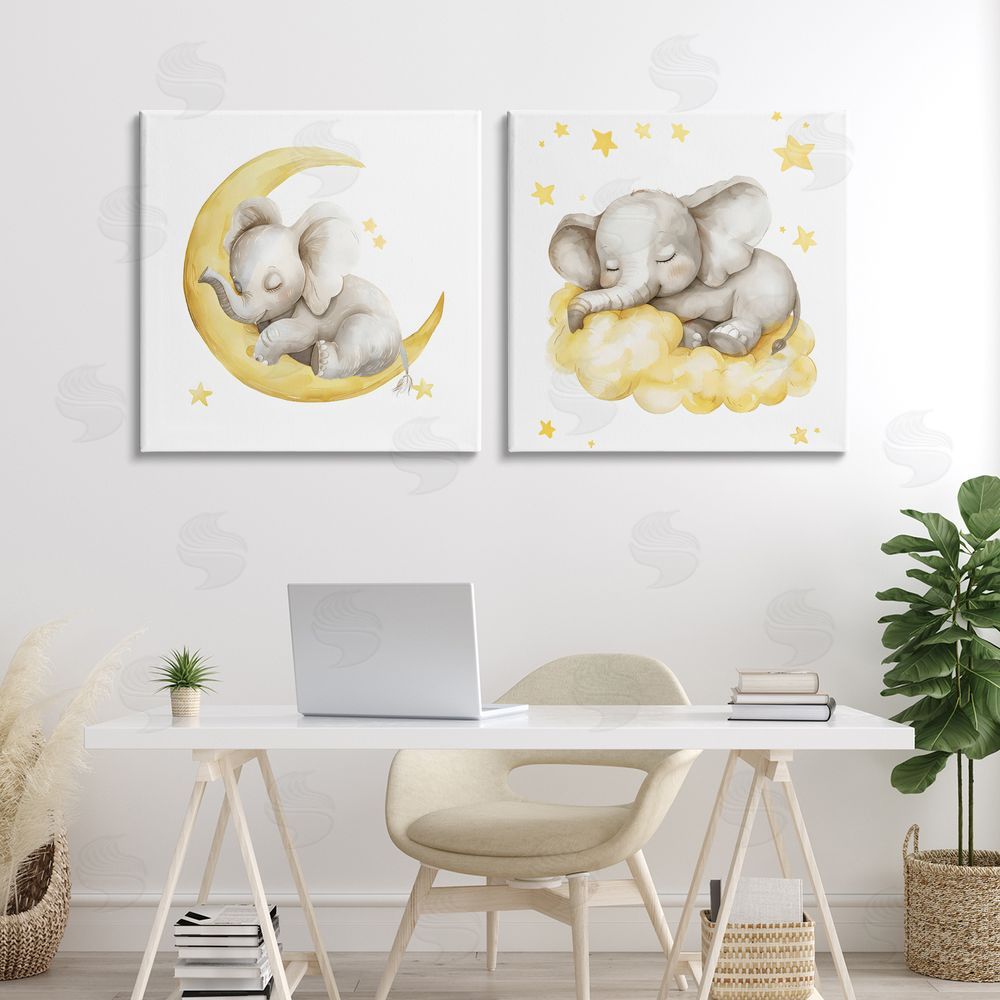 LSR Design Studio Sleeping Elephant Moon and Clouds Stretched Canvas on Wall