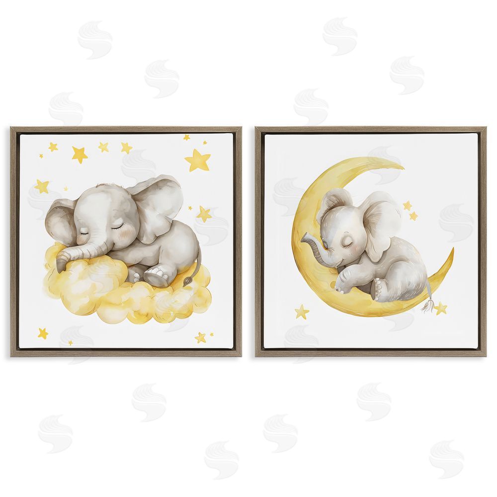 LSR Design Studio Sleeping Elephant Moon and Clouds Brown Floating Framed Canvas Wall Art Print