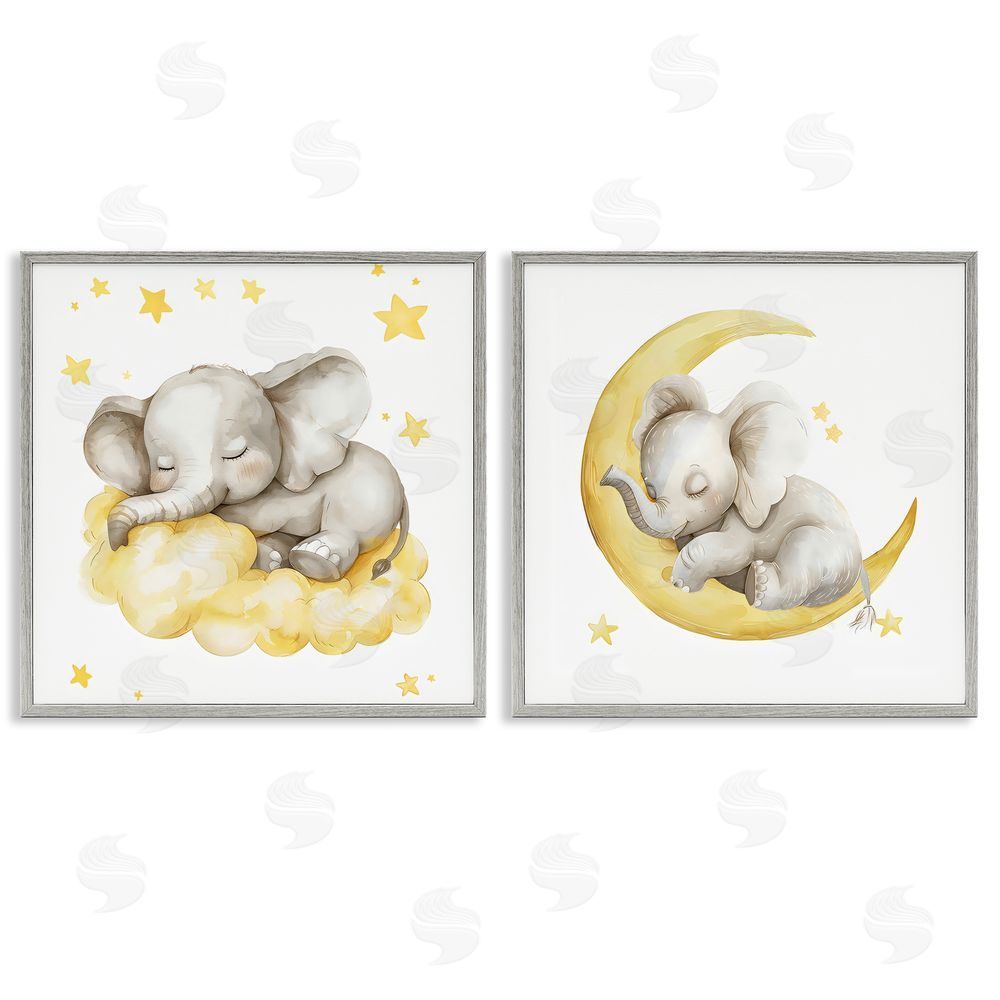 LSR Design Studio Sleeping Elephant Moon and Clouds Gray Framed Giclee Wall Art Print