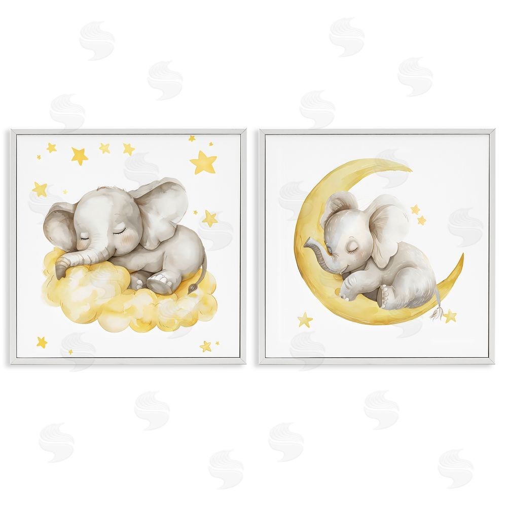 LSR Design Studio Sleeping Elephant Moon and Clouds White Framed Giclee Wall Art Print