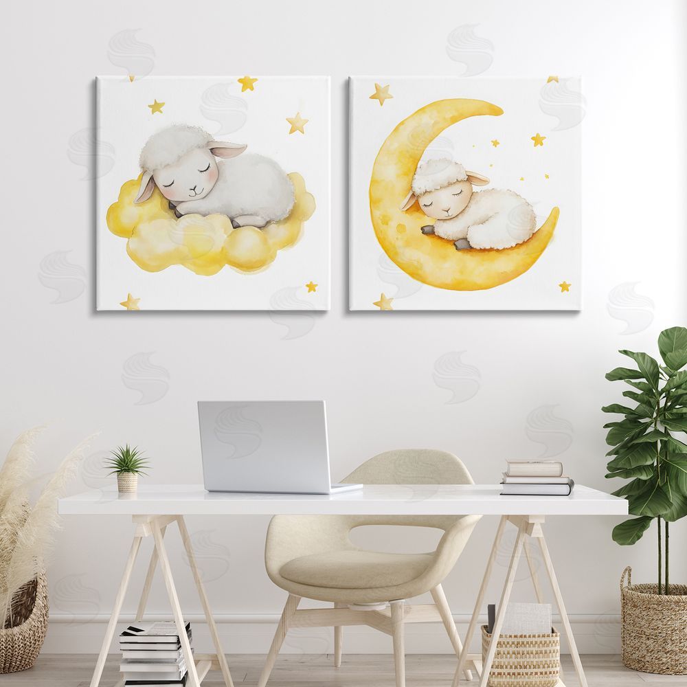 LSR Design Studio Sleeping Sheep Cloud and Moon Stretched Canvas on Wall