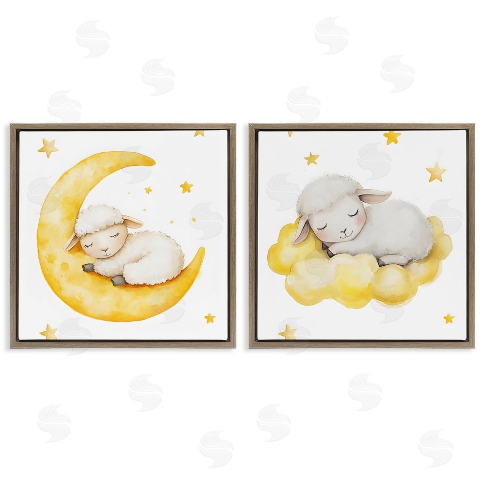 LSR Design Studio Sleeping Sheep Cloud and Moon Brown Floating Framed Canvas Wall Art Print