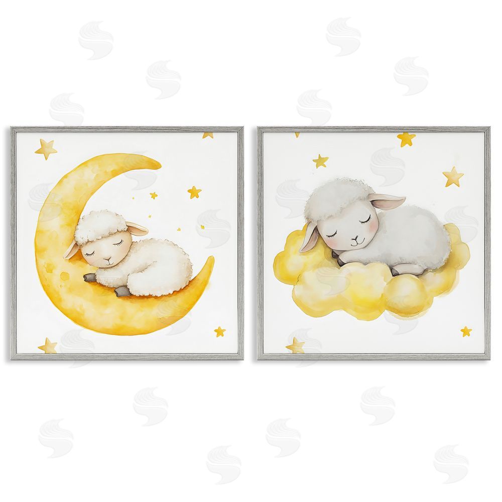 LSR Design Studio Sleeping Sheep Cloud and Moon Gray Framed Giclee Wall Art Print